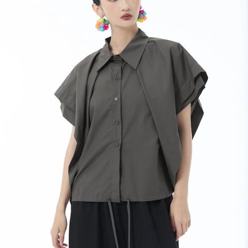 Load image into Gallery viewer, Women Gray Irregular Spliced Bandage Big Size Blouse New Lapel Short Sleeve Shirt Fashion Tide Spring Summer 2025 1DJ1605
