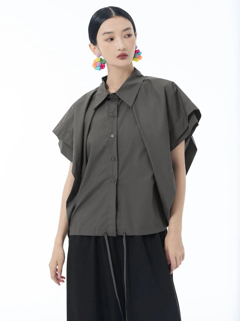 Women Gray Irregular Spliced Bandage Big Size Blouse New Lapel Short Sleeve Shirt Fashion Tide Spring Summer 2025 1DJ1605