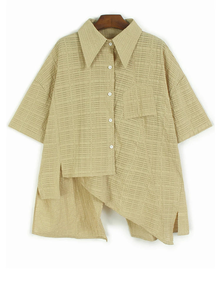 Women Green Irregular Hollow Out Big Size Blouse New Lapel Short Sleeve Shirt Fashion Tide Spring Summer 2025 1DJ1107