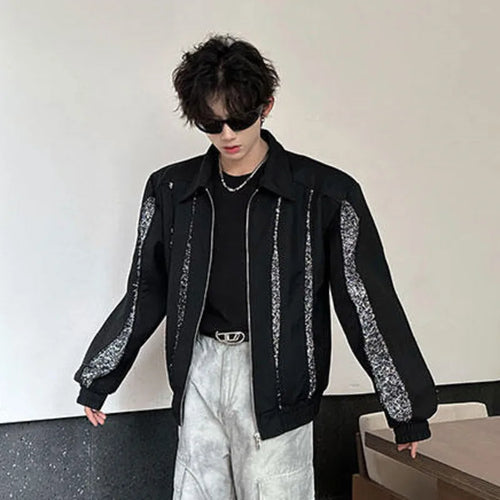 Load image into Gallery viewer, Sequin Design Men Coat Zipper Lapel Pockets Splice Shoulder Pad High Street Male Loose Jacket 2024 Autumn Winter 9C9033
