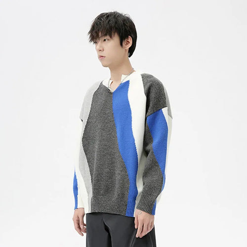 Load image into Gallery viewer, Korean Style Men&#39;s Sweater Casual Contrst Color Patchwork V-neck Pullover Trendy Male Clothing Fashion Autumn 9C7033
