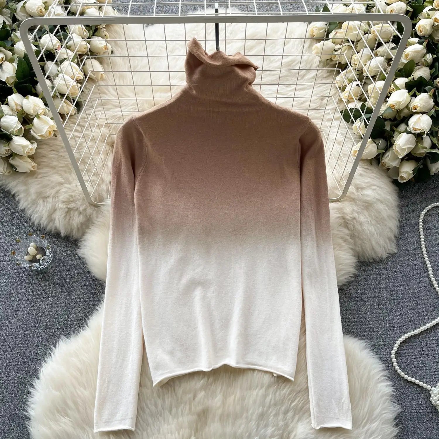 Women Vintage Elegant Long Sleeved Gradual Knitted Sweater Female Autumn New Turtleneck Slim Pullover Tops Fashion Versatile Y2k