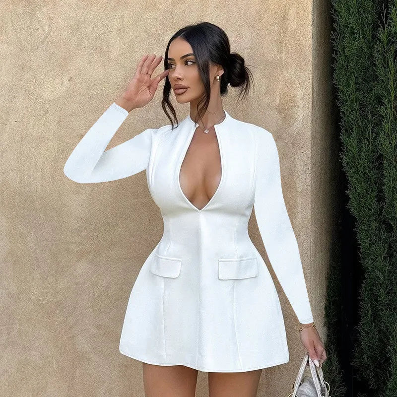 Autumn Long Sleeve Sexy Mini Dress For Women Solid Zipper Deep V Neck Two Pocket High Waist A-line Dress Femme Clothes