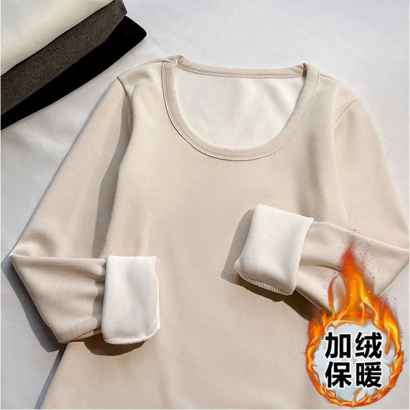 Solid O Neck Long Sleeve Shirt Women Autumn Winter Bottoming Tops Casual Slim Basic Velvet T-shirt 2024 Simplicity Popular Trend