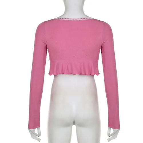Load image into Gallery viewer, Korean Fashion Pink Frill Crop Top Women T-shirts Slim Y2K Cute Lace Trim Coquette Clothes Fold Mini Tee Shirt Kawaii
