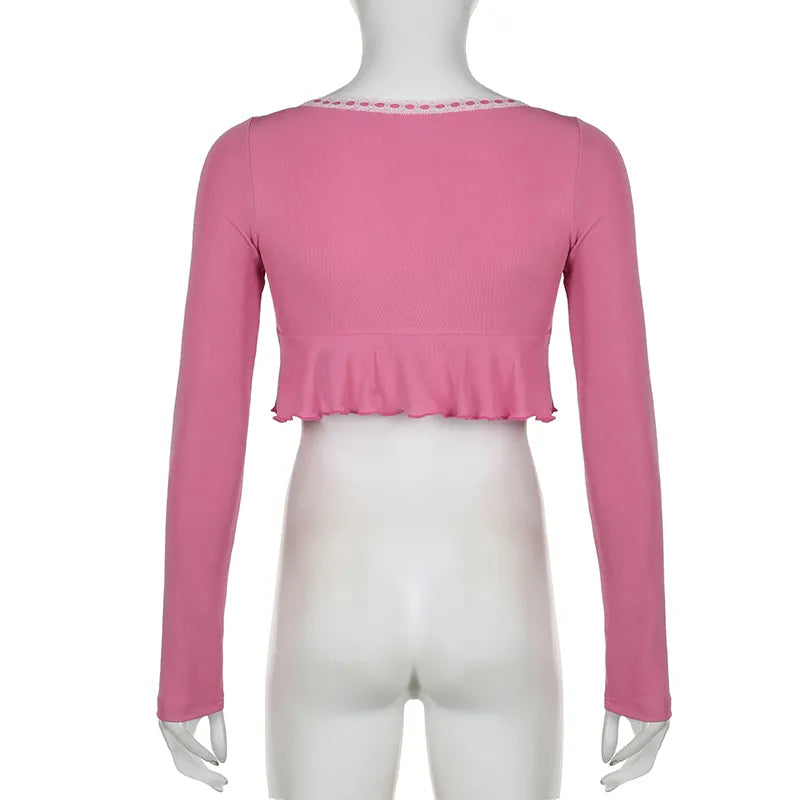 Korean Fashion Pink Frill Crop Top Women T-shirts Slim Y2K Cute Lace Trim Coquette Clothes Fold Mini Tee Shirt Kawaii