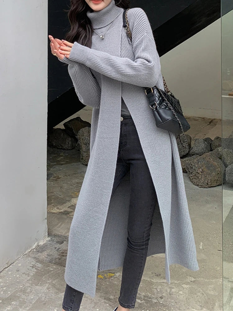 Women Orange Knitting Long Slit Big Size Dress New Turtleneck Long Sleeve Loose Fit Fashion Spring Autumn 2025 1DE5886