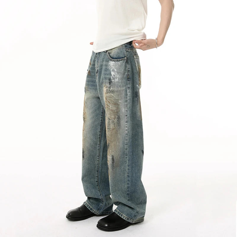 Men's Jeans New American Style High Street Graffiti Design Straight Wide Leg Trendy Distressed Male Denim Pants 9W1836