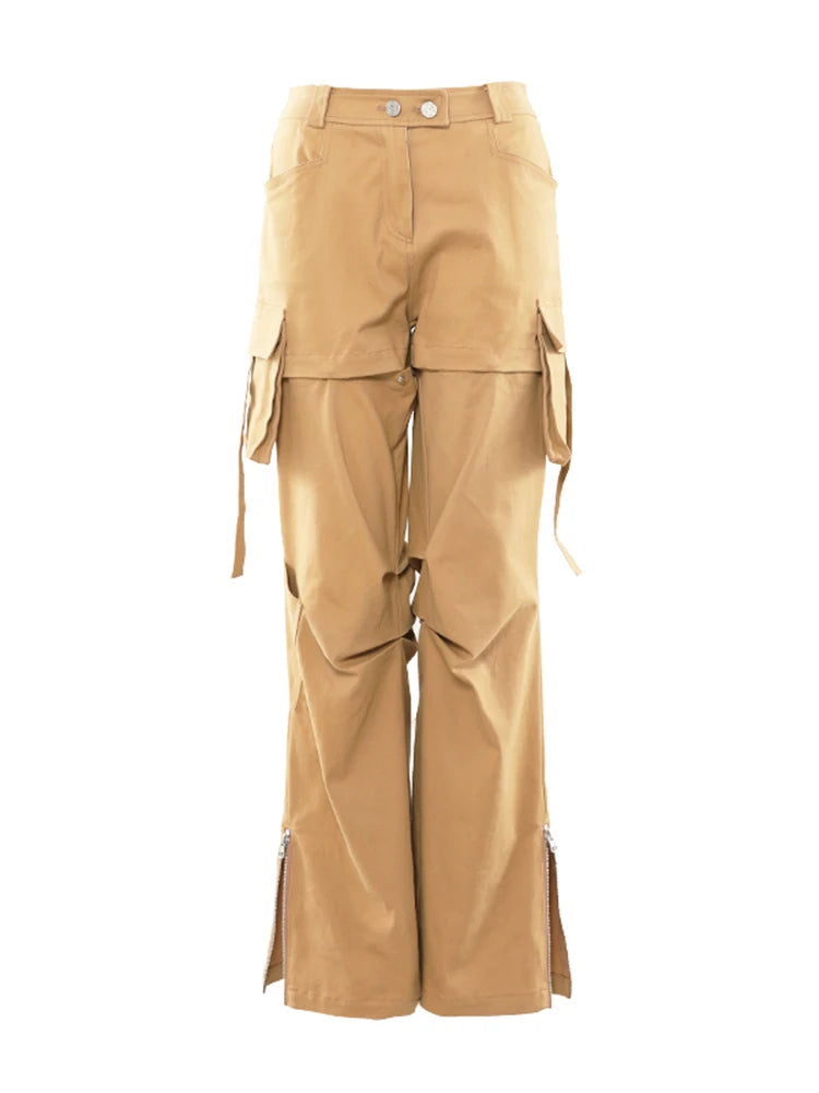 Loose Khaki Wide Leg Pants For Women High Waist Solid Patchwork Pockets Trousers Female Fashion Clothing