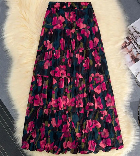 Korean Fashion Red Floral Print Skirt Women 2024 Spring Summer New Purple Floral Elegant A-line Beach Holdiay Long Skirts Trendy
