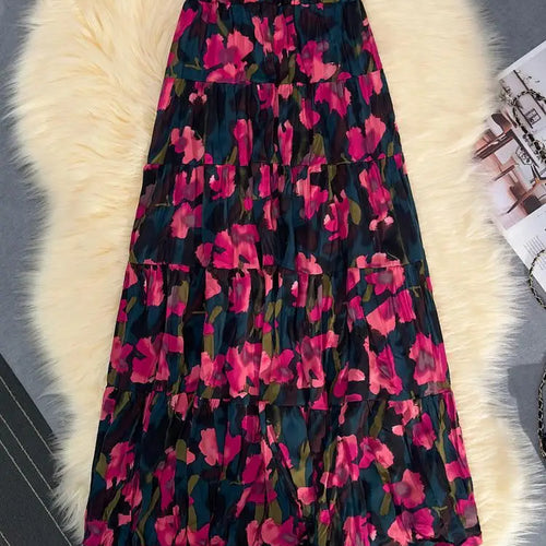Load image into Gallery viewer, Korean Fashion Red Floral Print Skirt Women 2024 Spring Summer New Purple Floral Elegant A-line Beach Holdiay Long Skirts Trendy
