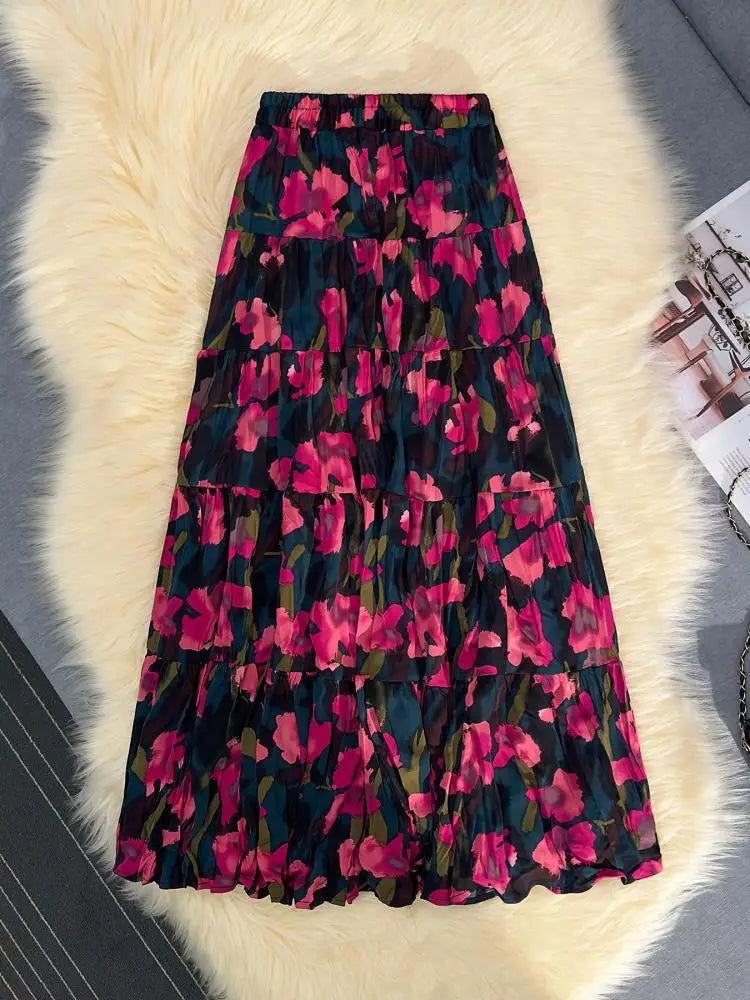 Korean Fashion Red Floral Print Skirt Women 2024 Spring Summer New Purple Floral Elegant A-line Beach Holdiay Long Skirts Trendy