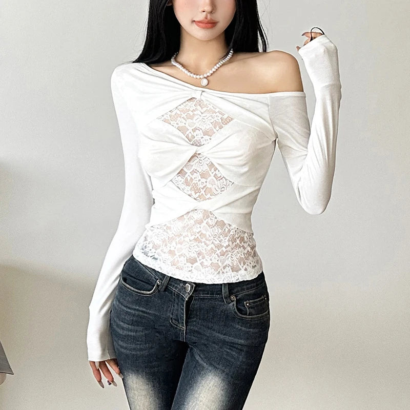y2k Lace Top Women Coquette Clothing See Through Slash Neck One Shoulder Twist Front Long Sleeve T Shirt Streetwear