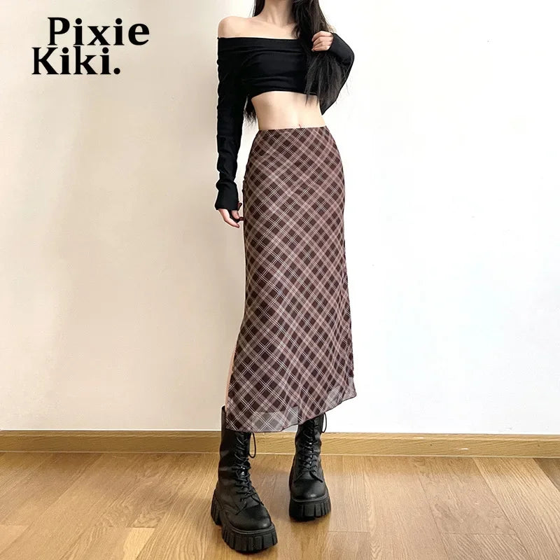 Retro Plaid Print Mesh Slit Long Skirts Woman Korean Clothing High Waist Y2k Skirt Preppy Style Women Bottoms P71-BG24