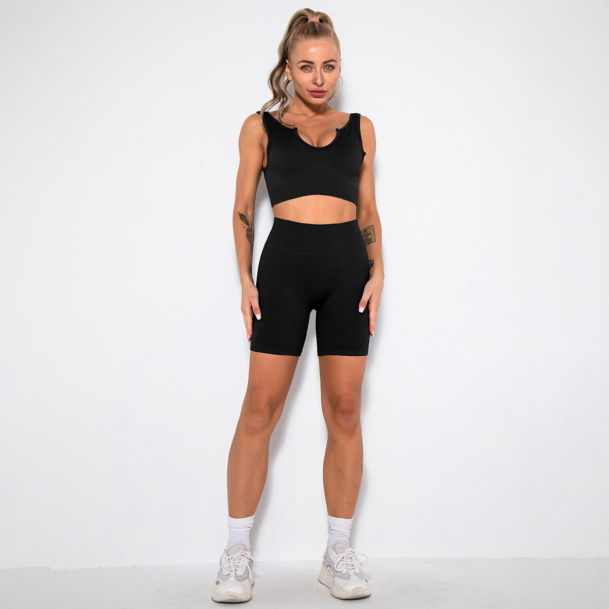 Seamless Yoga Set 2/3/4 Piece Gym Set Women Ribbed Crop Top Shorts Suits Fitness Sports Bra Leggings Running Outfits Tracksuit v1