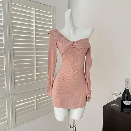 Load image into Gallery viewer, Spring Autumn New Pink Temperament Long Sleeved Knitted Mini Dress Women V Neck Pleated Sexy Wrap Hip Bow Short Dress Simplicity
