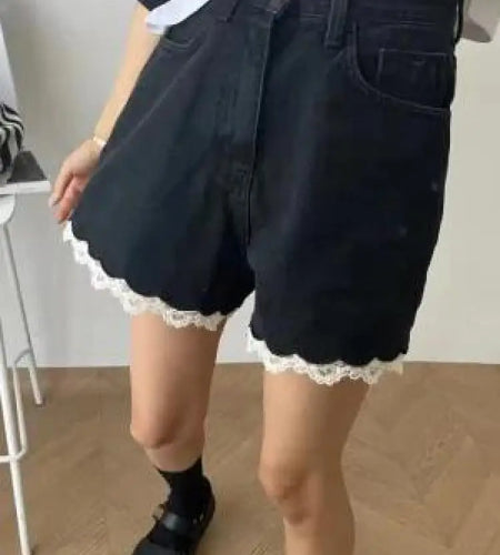 Women Lace Patchwork Denim Blue High Waist Shorts Summer Casual Button Loose Wide Leg All-match Streetwear A-line Jeans Korean