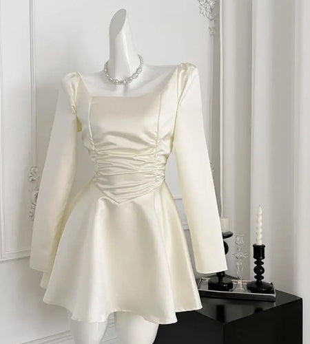 Autumn Winter Women Fashion Square Neck Long Sleeved Pleated Short Dress 2024 Beige Sexy Elegant High Waist Party Mini Dress New