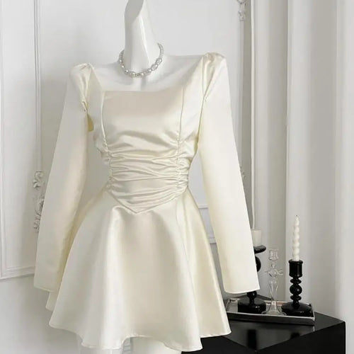 Load image into Gallery viewer, Autumn Winter Women Fashion Square Neck Long Sleeved Pleated Short Dress 2024 Beige Sexy Elegant High Waist Party Mini Dress New
