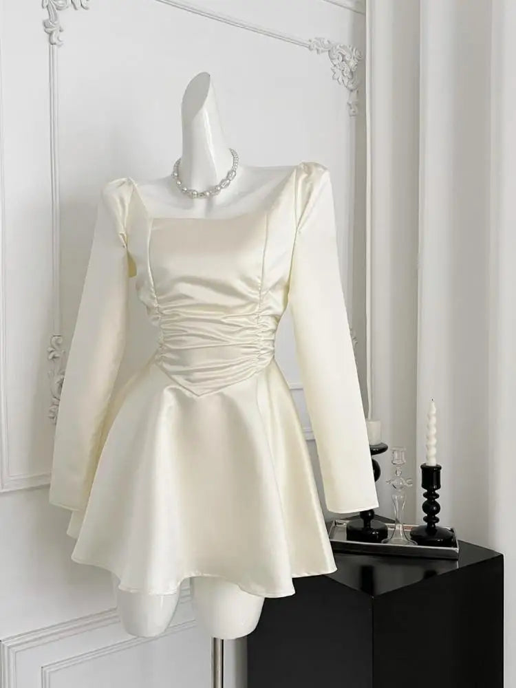 Autumn Winter Women Fashion Square Neck Long Sleeved Pleated Short Dress 2024 Beige Sexy Elegant High Waist Party Mini Dress New