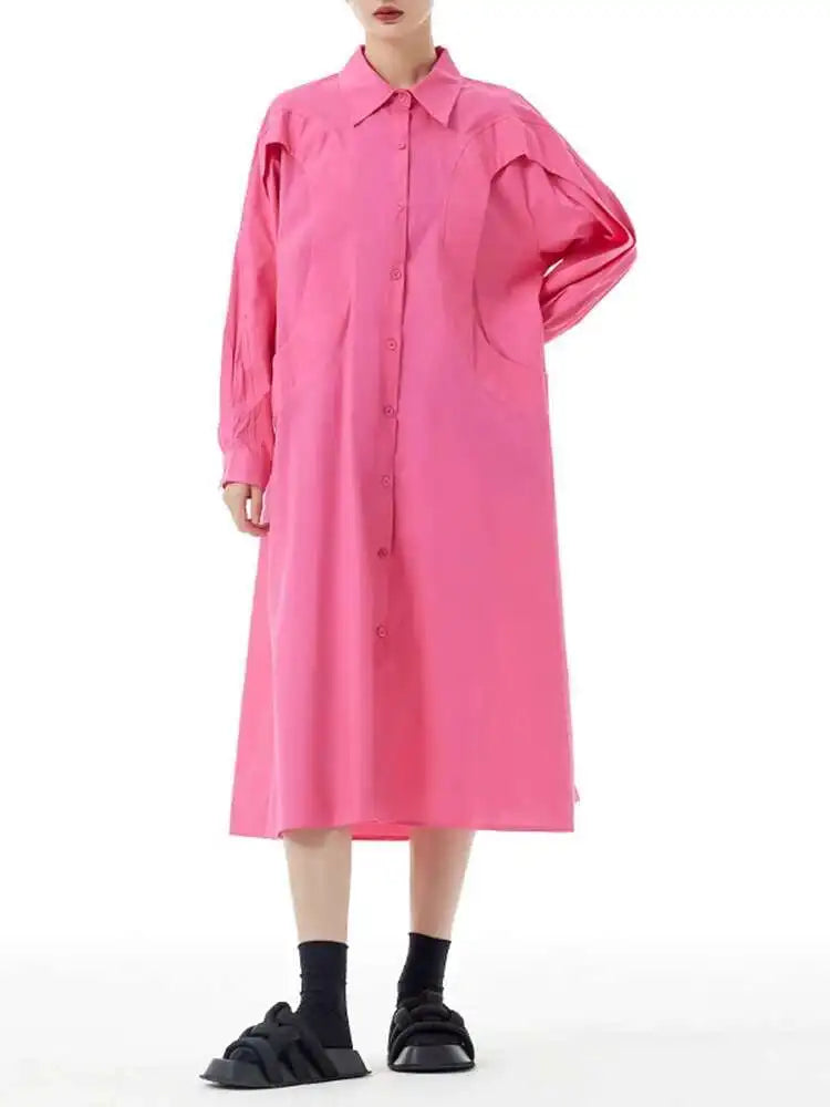 Women Green Rose Red Spliced Big Size Midi Shirt Dress New Lapel Long Sleeve Fashion Tide Spring Autumn 2025 1DH5167