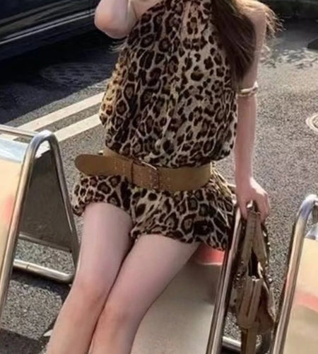 Leopard Temperament Mini Dresses for Women Stand Neck Sleeveless Patchwork Folds Sexy Dress Female Fashion Clothing