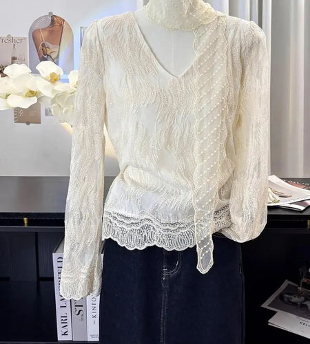 French Vintage Women Beige Lace Embroidery V Neck Long Sleeve Shirt Spring Elegant Holiday Short Tops Popular Versatile Clothes