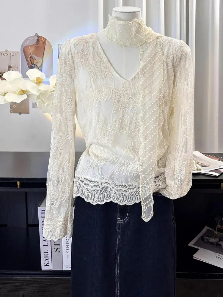 French Vintage Women Beige Lace Embroidery V Neck Long Sleeve Shirt Spring Elegant Holiday Short Tops Popular Versatile Clothes