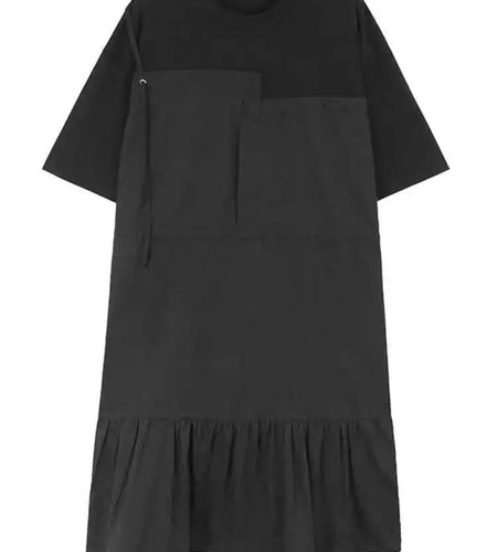 Women Khaki Color-block Pleated Big Size Midi Dress New Round Neck Short Sleeve Fashion Tide Spring Summer 2025 1DH5680