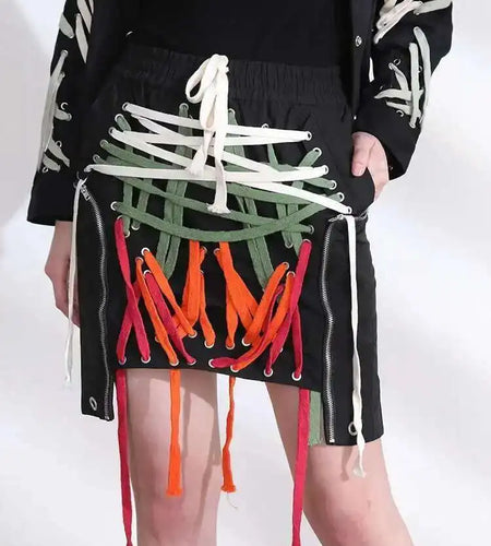 High Elastic Waist clolorful  Asymmetrical Bandage Midi Half-body Skirt Women Fashion Tide New Spring Summer 2025 1W91209