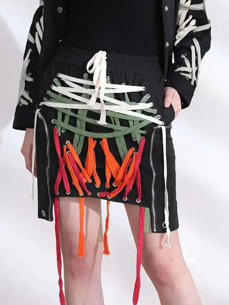 High Elastic Waist clolorful  Asymmetrical Bandage Midi Half-body Skirt Women Fashion Tide New Spring Summer 2025 1W91209