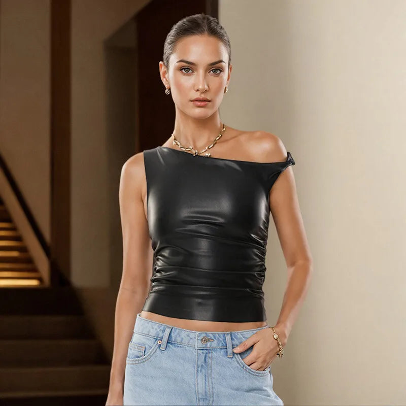 Ruched PU Leather Sexy Tank Tops For Women Fashion Oblique Shoulder Sleeveless Backless Skinny Crop Tops Elegant