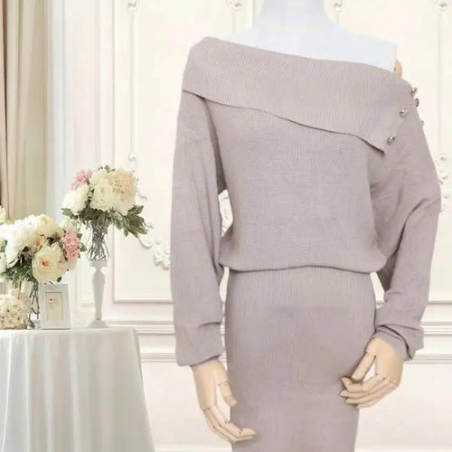 Load image into Gallery viewer, Autumn Winter Vintage Solid Elegant Off Shoulder Long Sleeve Mini Dress Women French High Waist Button Knitted Mini Dress Simple
