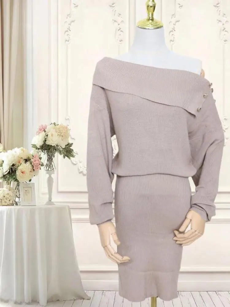 Autumn Winter Vintage Solid Elegant Off Shoulder Long Sleeve Mini Dress Women French High Waist Button Knitted Mini Dress Simple