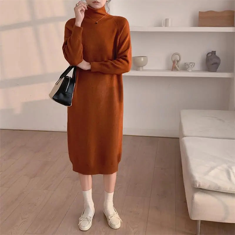 Autumn Winter 2023 New Solid High Neck Casual Loose Knitted Dresses Women Straight Long Sleeve Sweater Dress Popular Simplicity