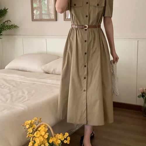 Load image into Gallery viewer, Korean Elegant Lady Dress Simple Casual V-neck Dresses Women Single-breasted Belt Apricot Midi Dress Female Summer Dress
