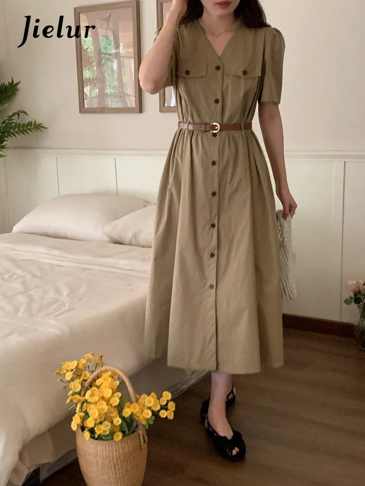 Korean Elegant Lady Dress Simple Casual V-neck Dresses Women Single-breasted Belt Apricot Midi Dress Female Summer Dress