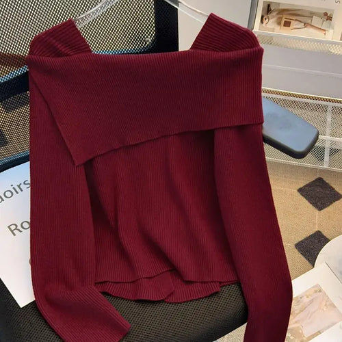 Load image into Gallery viewer, Autumn Winter Korean Black Square Neck Long Sleeve Versatile Sweater Women Red Single Breasted Short Knitted Tops Popular Simple
