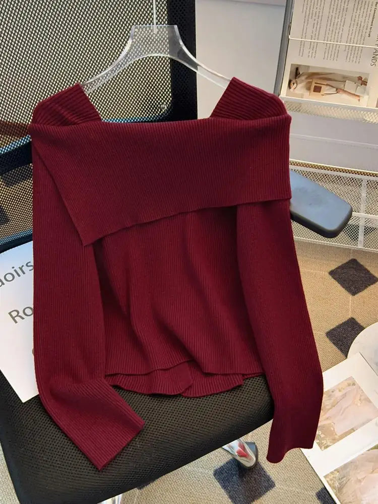 Autumn Winter Korean Black Square Neck Long Sleeve Versatile Sweater Women Red Single Breasted Short Knitted Tops Popular Simple