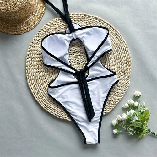 Load image into Gallery viewer, Black White Halter One Piece Swimsuit 2024 Cut Out Swimwear for Women Sexy 3D Flower Bathing Suit Bandage Monokini
