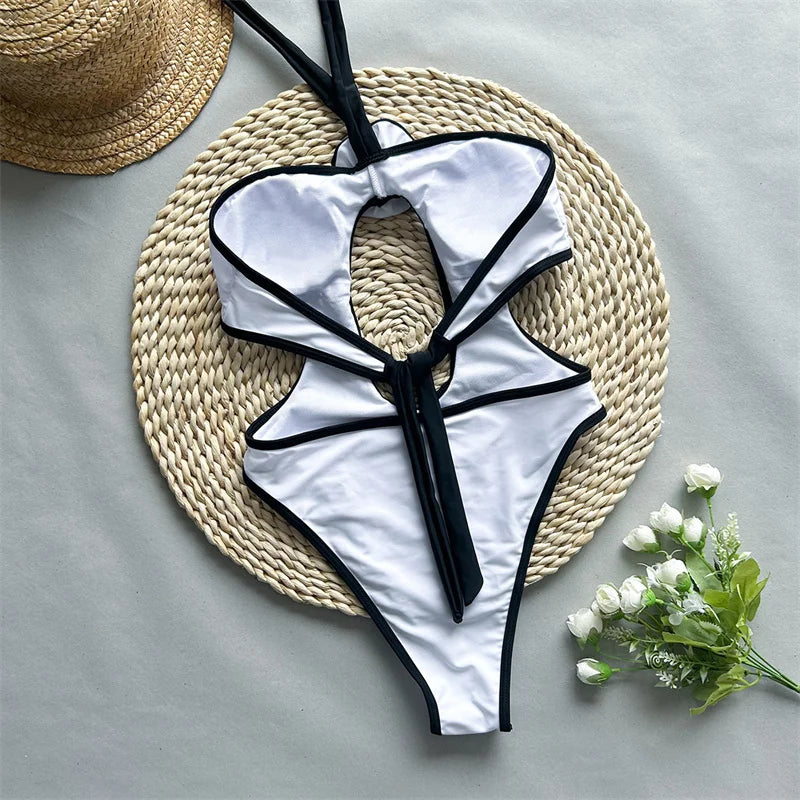 Black White Halter One Piece Swimsuit 2024 Cut Out Swimwear for Women Sexy 3D Flower Bathing Suit Bandage Monokini