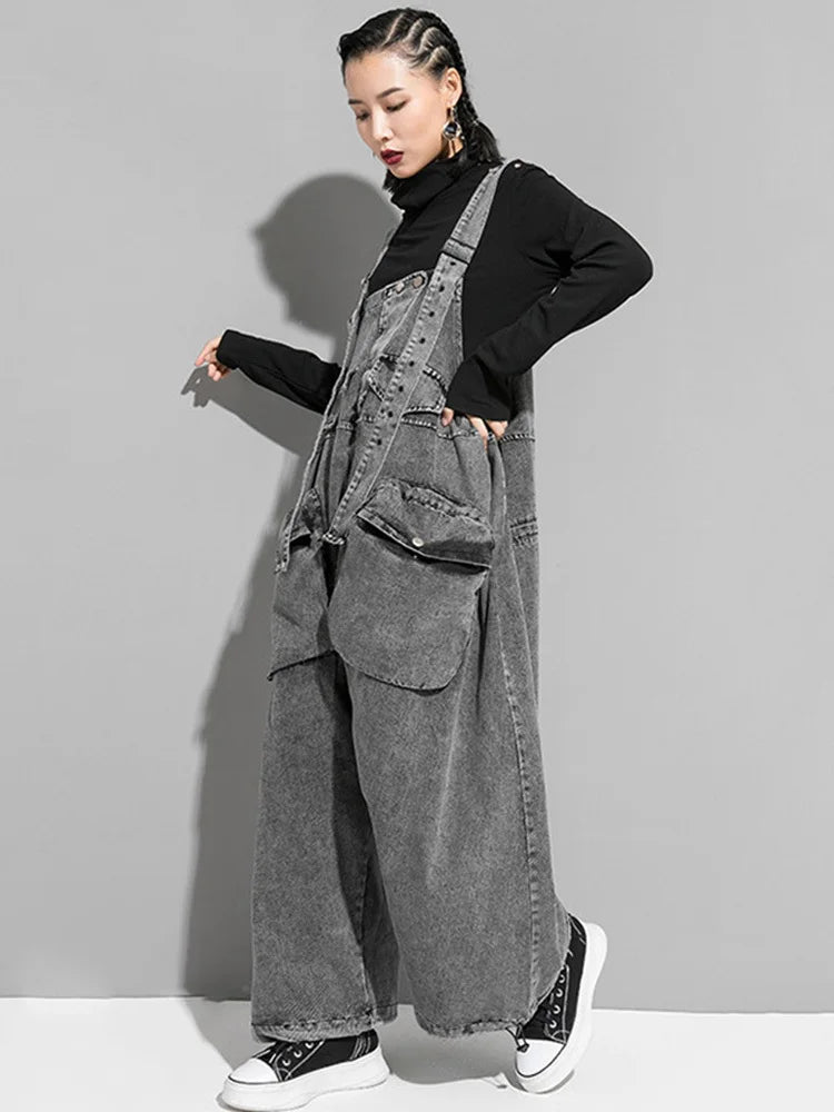 High Waist Black Pockets Denim Big Size Overalls Trousers New Loose Fit Pants Women Fashion Tide Spring Autumn 2025 1K164