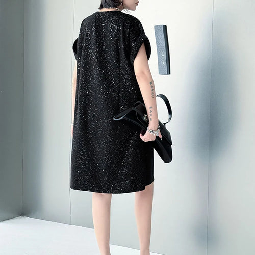 Load image into Gallery viewer, Black Sequins Dress Mesh Skirt Two Pieces Suit New Round Neck Short Sleeve Women Fashion Tide Spring Summer 2025 1DJ1153
