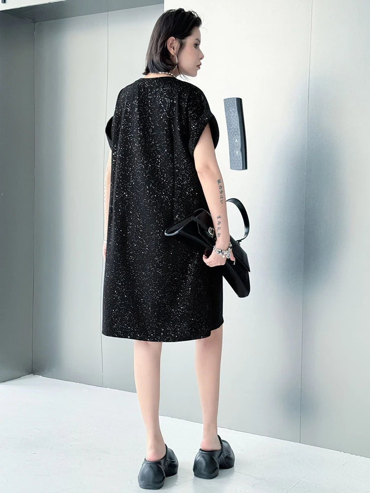 Black Sequins Dress Mesh Skirt Two Pieces Suit New Round Neck Short Sleeve Women Fashion Tide Spring Summer 2025 1DJ1153