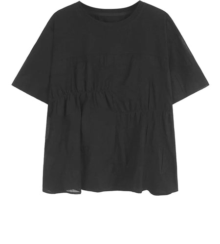 Women Balck Dot Spliced Big Size Casual T-shirt New Round Neck Short Sleeve Fashion Tide Spring Summer 2025 1DJ1585