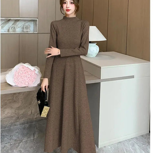 Load image into Gallery viewer, Solid Knitted Sweater Dresses For Women Party Clothing Half Turtleneck Autumn Winter 2023 A-line Warm Long Dress Vintage Casual
