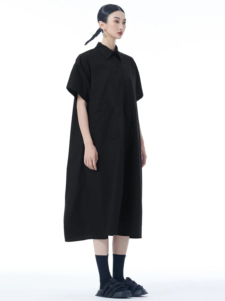 Women Black Irregular Button Big Size Midi Shirt Dress New Lapel Short Sleeve Fashion Tide Spring Summer 2025 1DJ0954