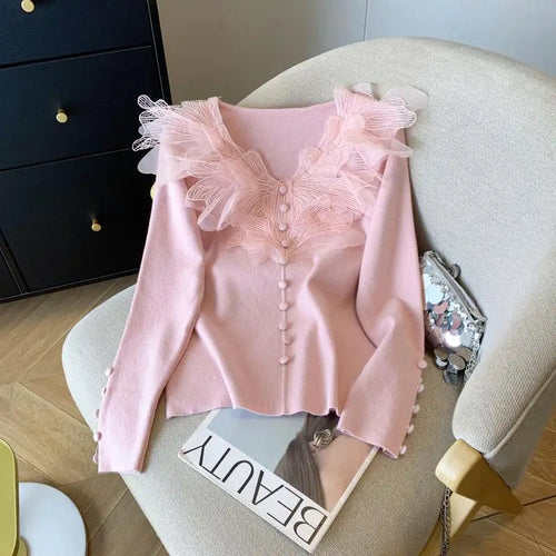 Load image into Gallery viewer, Autumn Winter Black Beige Elegant V Neck Short Knitted Sweater French Women Pink Single Breasted Long Sleeved Pullover Tops Chic
