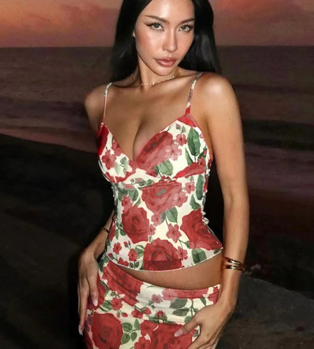 Floral Print Sexy Skirt Two Piece Sets Women Fashion Sleeveless Crop Tops And Long Skirt Femme Printed Two Piece Sets