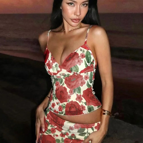 Load image into Gallery viewer, Floral Print Sexy Skirt Two Piece Sets Women Fashion Sleeveless Crop Tops And Long Skirt Femme Printed Two Piece Sets

